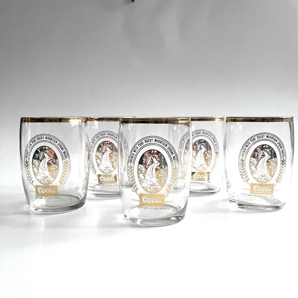 Set of 5 Coors Gold Rim Sampler Glasses Libbey Rocky Mountain Bar Brewery VTG